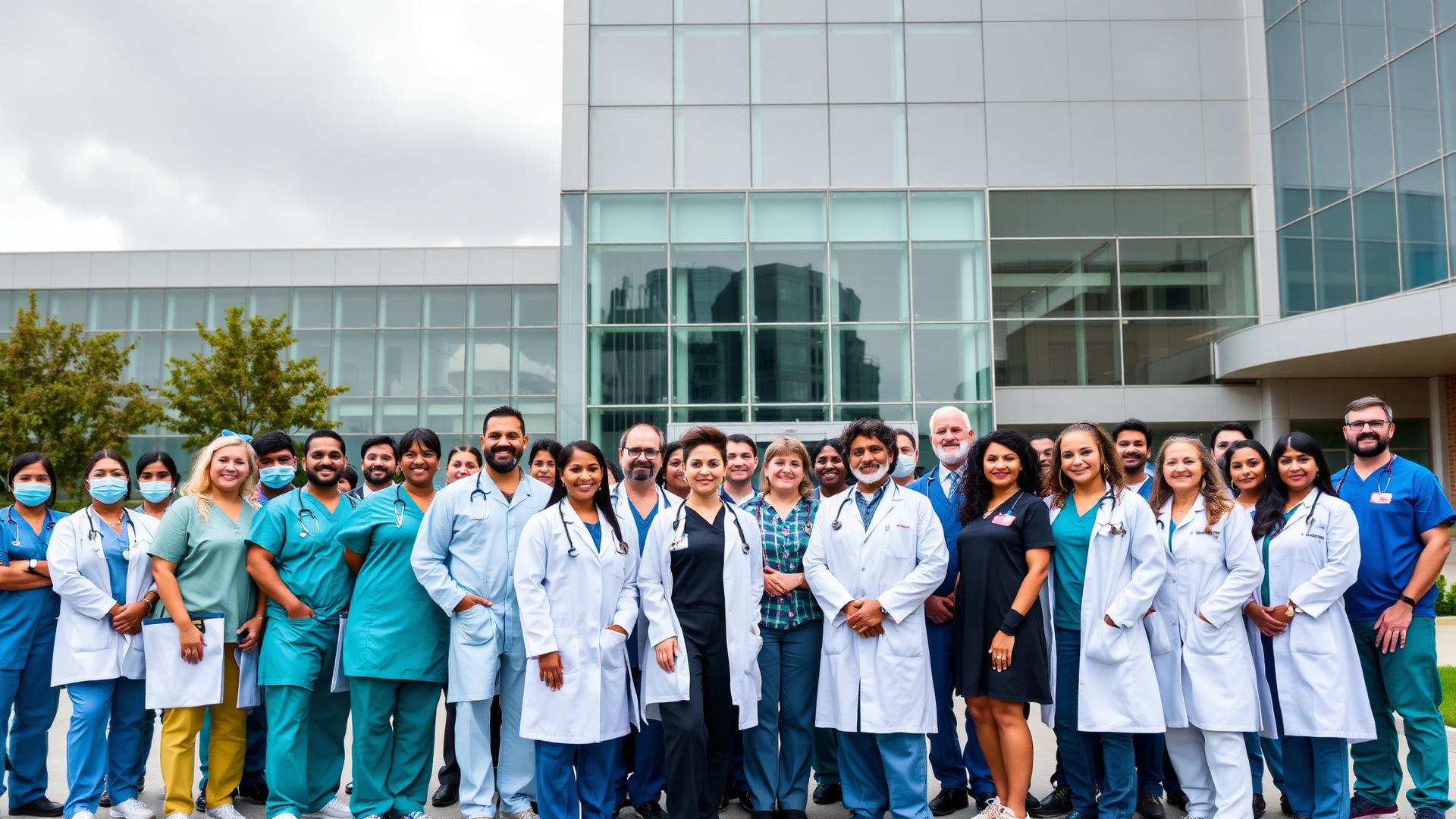 A large diverse group of doctors and nurses in front of a modern glass hospital building