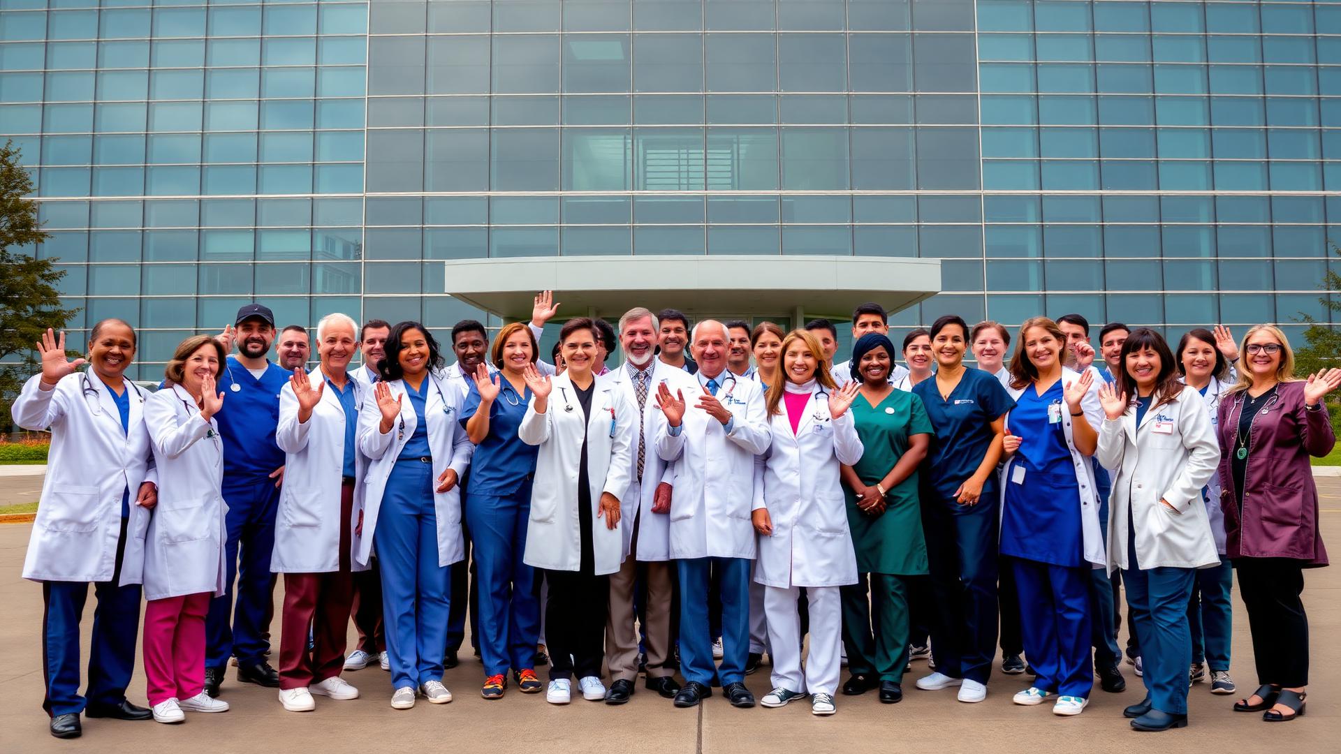 Doctors and nurses smiling and waving in front of the hospital