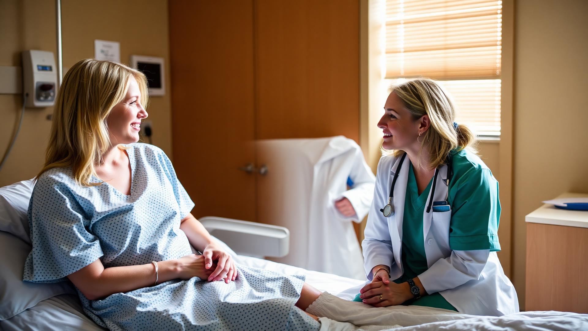 A patient in a hospital gown talking with her doctor
