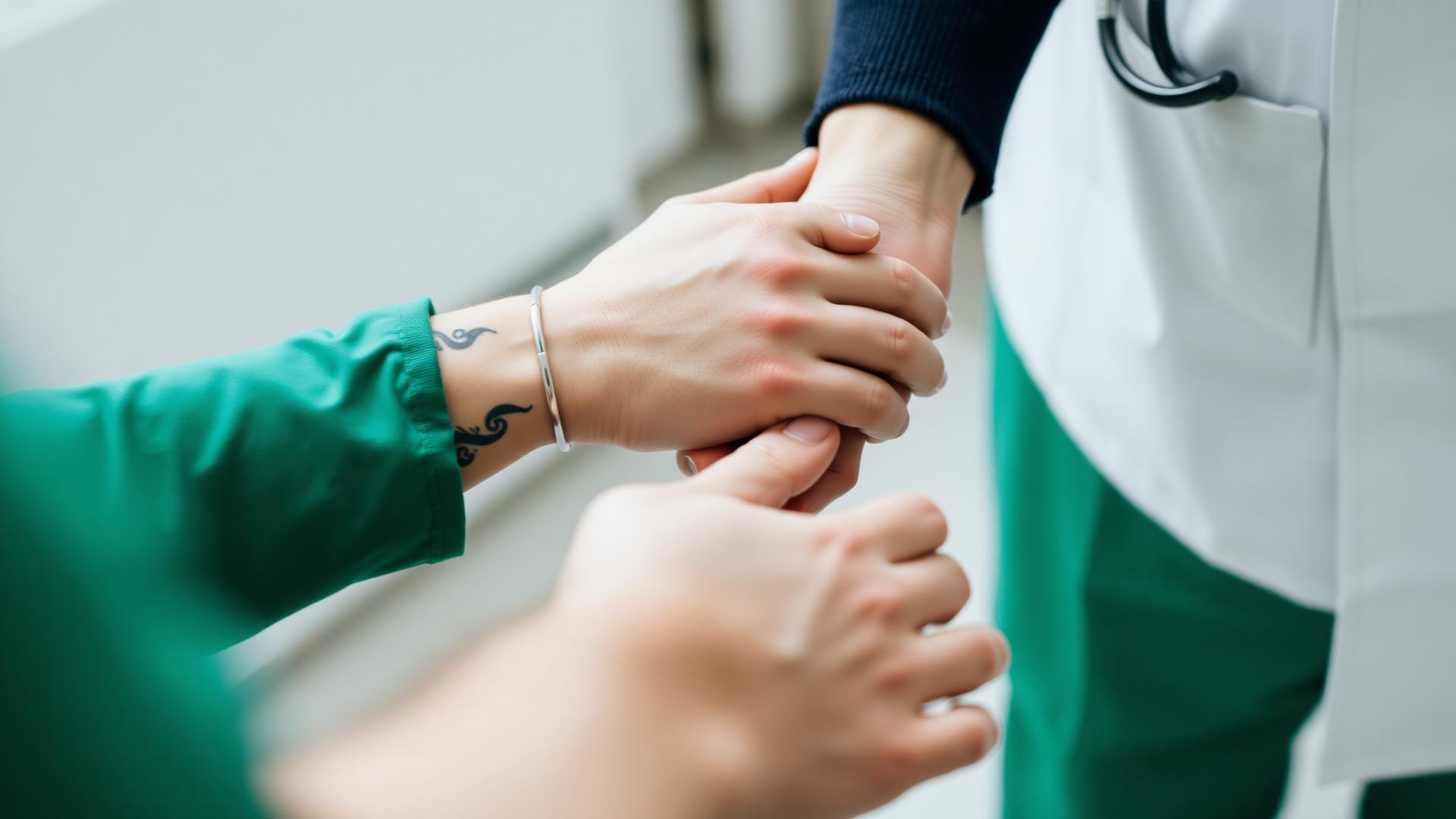 A patient’s tattooed arm holding hands with a doctor