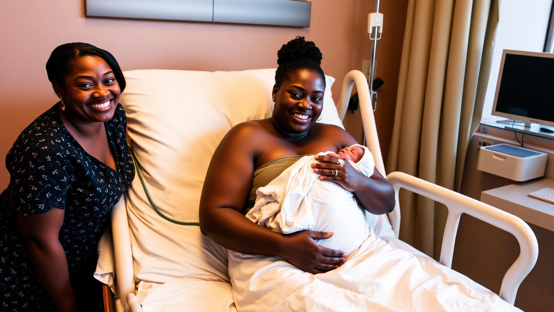 A mother holding her newborn baby in a hospital bed with a loved one beside her
