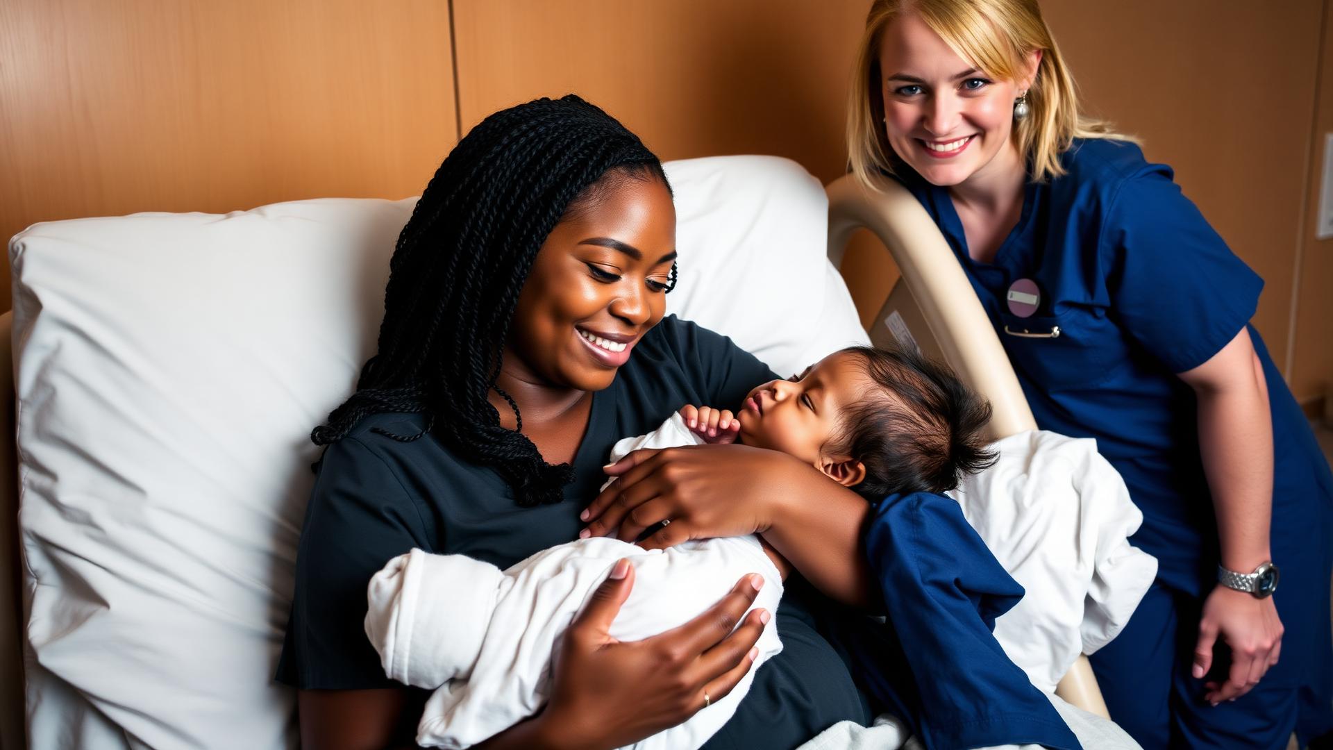 A mother with her newborn and young daughter as a nurse leans in